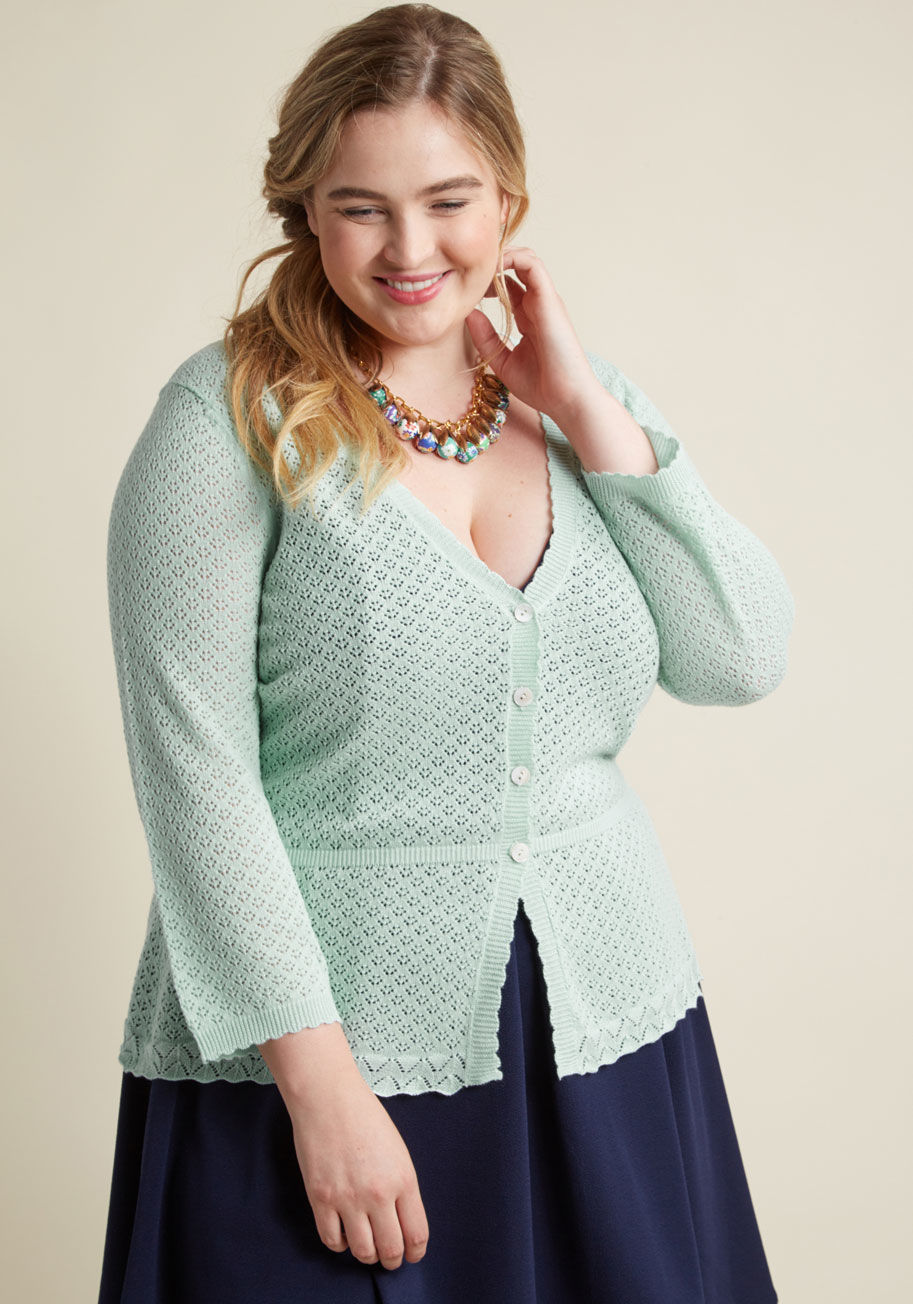  - Though the details of this mint sweater are understated, they certainly won't go unnoticed. This sheer cardigan from our ModCloth namesake label charms like no other with its delicate neckline and cuff scallops, peplum waist, and pointelle knit fabric. Th