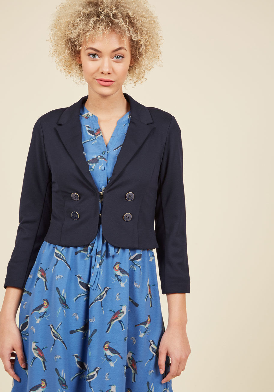  - Treat yourself to the beauty of a garment that pairs perfectly with all your ensemble moods - this navy blazer from our ModCloth namesake label, to be exact! The decorative, double-breasted buttons and cropped cut of this polished ponte layer earn themsel