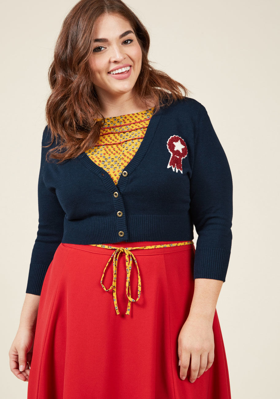  - We know that personal style is never a contest - but if it were, your look would undoubtedly take first place with this navy blue cardigan! An Americana offering from our ModCloth namesake label, this soft sweater earns you endless accolades, courtesy of 