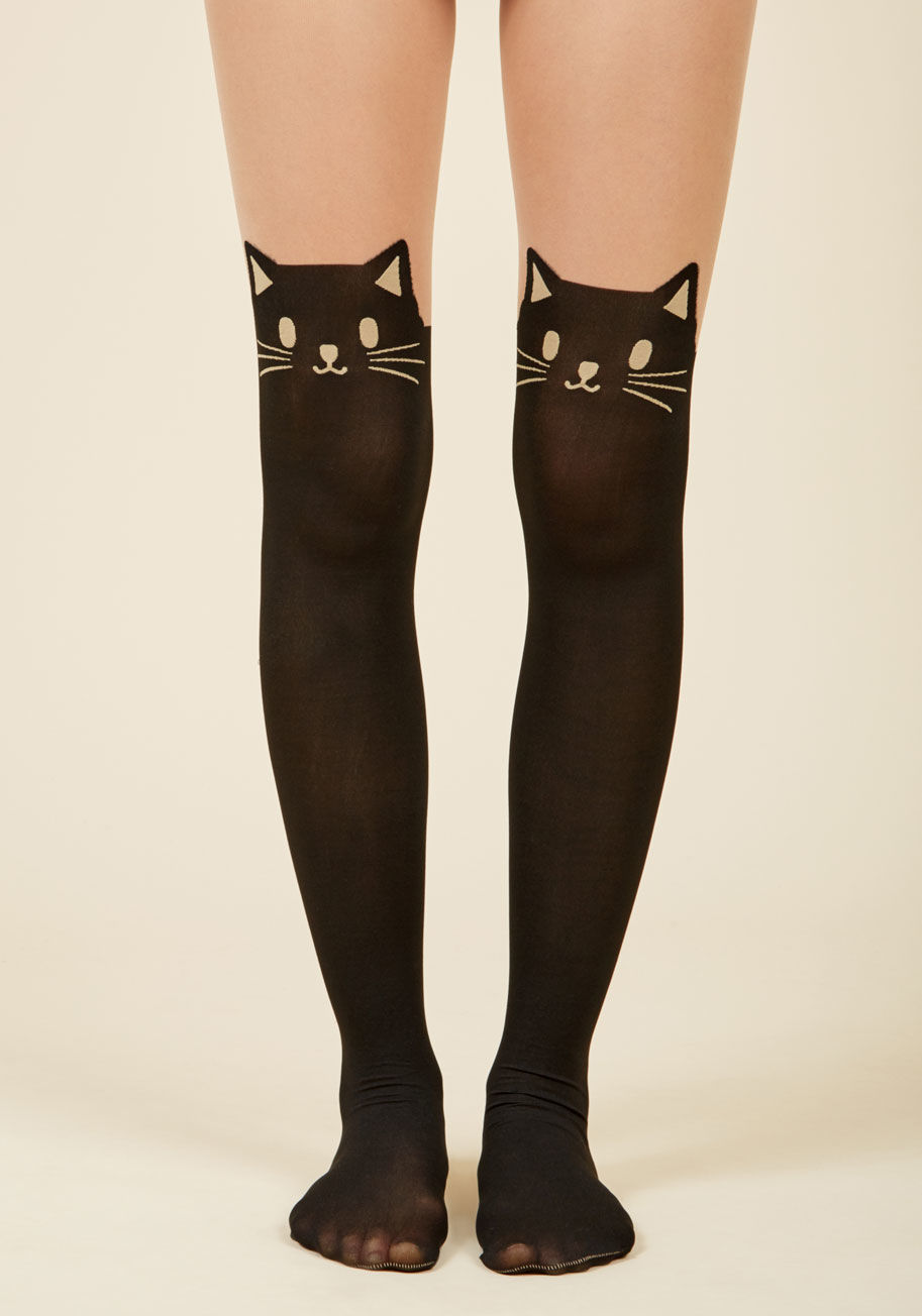  - Whenever you wish to add an extra dash of sassiness to your day, look for these quirky cat tights. Cheerfully whiskered, opaque black felines illustrate these stockings. Boasting sheer accents for a faux thigh-high silhouette, this uniquely lovable pair a