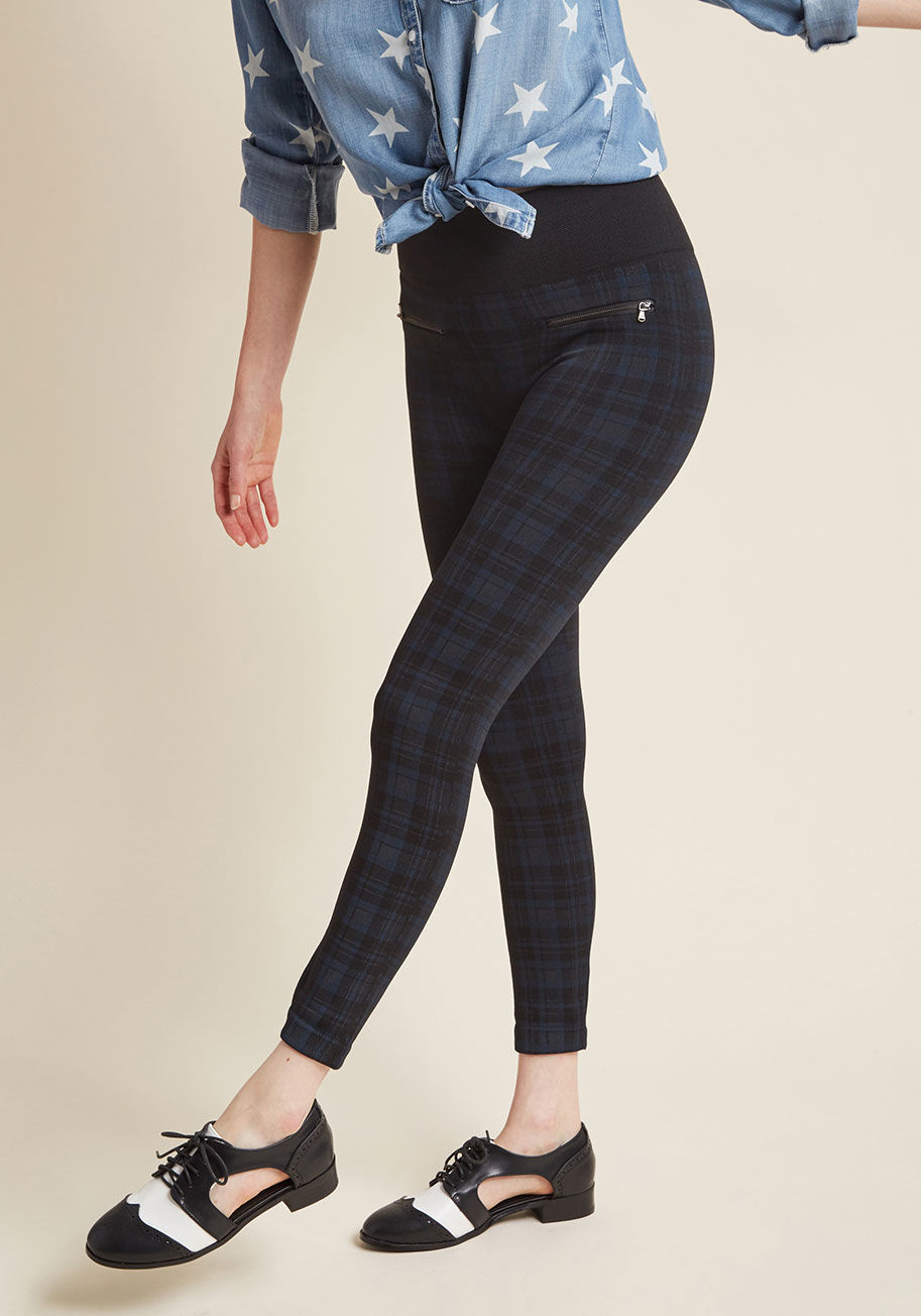  - While sporting these plaid leggings, your mastery of styling casual pieces with attitude is on display for all to admire! More than just your loungin'-around pair - though they rock at that, too - these knit bottoms combine a textured waist, zipper accent