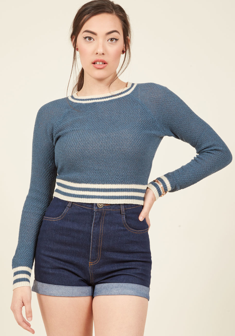  - With a casual networking event around the corner, you look to this pale yellow sweater from our ModCloth namesake label to inspire your look. Will the lightweight knit fabric, aqua stripes, and cropped fit of this pullover inspire a preppy, retro, or inno