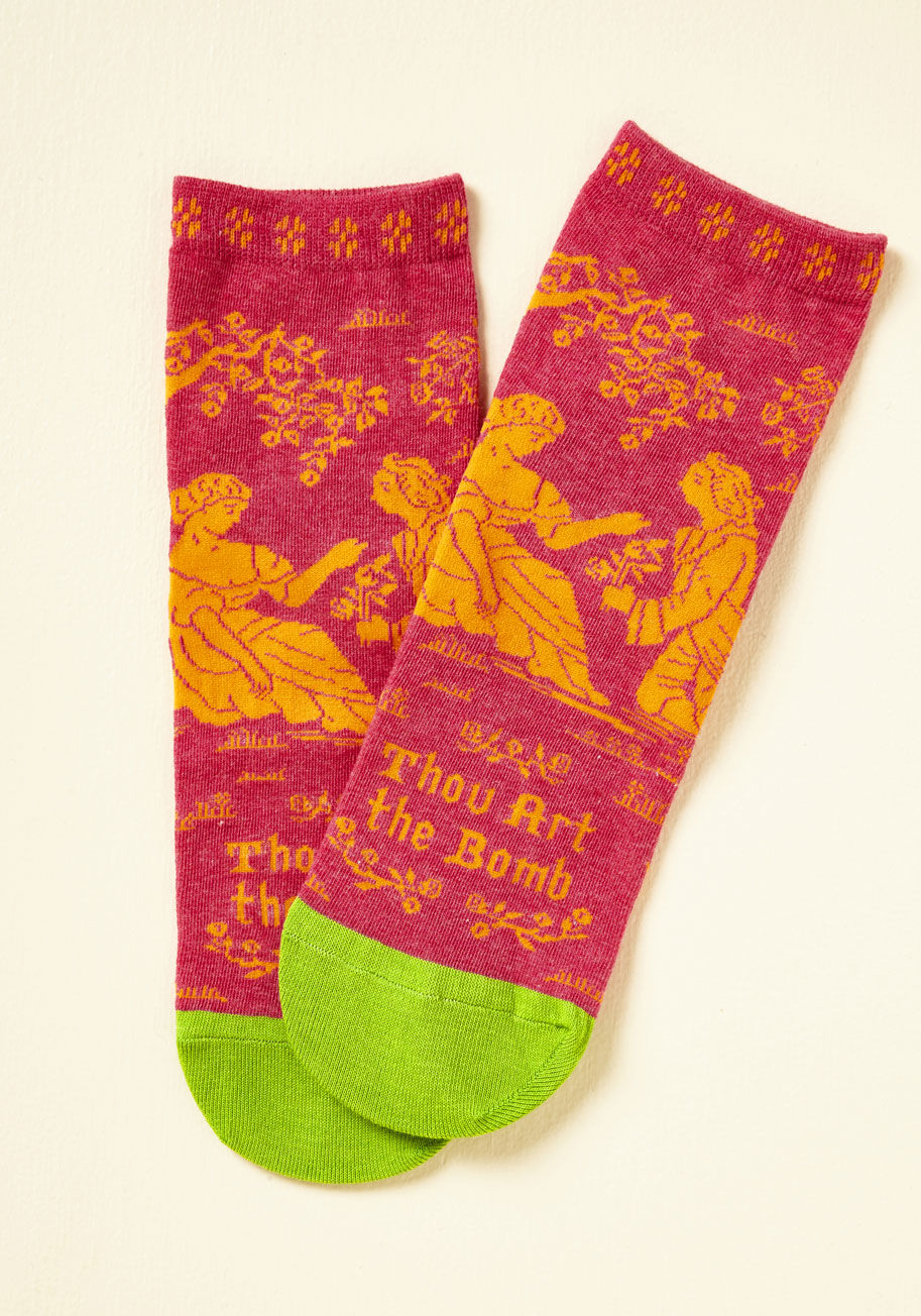  - With socks as bombeth as this pair, the rest of your outfit will have to be pretty stylin' to keep up! Featuring bright green toe caps and an orange print with an Olde English quip, these vibrant pink ankle socks are the coolest things that have ever gone