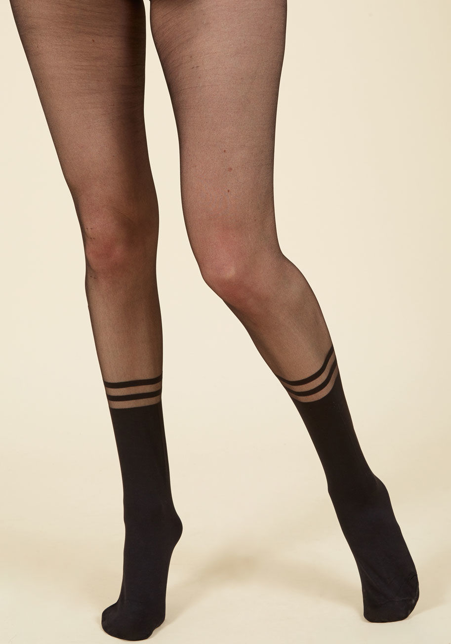  - With the opaque stripes and sock-like look of these black tights, your ensemble instantly benefits from their simple yet thoughtful allure! Who knew accessorizing could be so easy and effective? By the looks of it, you sure did!