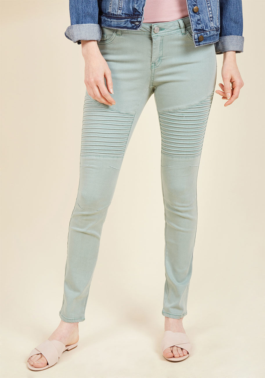  - You already have head-turning casual style down pat, but adding these stretch skinny jeans into the mix can only help your cause! Moto-inspired embellishments like pintucked thighs and darted knees do the job of boosting this pastel green, five-pocket pai