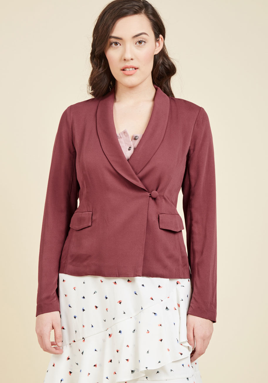  - You aren't just a coder for kicks - you develop with a passion! And panache, thanks to this muted burgundy blazer! Adding excitement to your next project with its tux-like lapels, asymmetrical single-button closure, and flap pockets, this ModCloth namesak