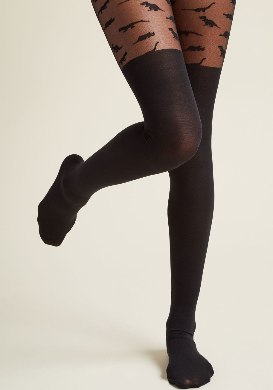  - You can't even comprehend how cute these black tights are! With illusion opaque thigh highs and sheer uppers dotted with dino silhouettes, this pair is bold by all accounts.