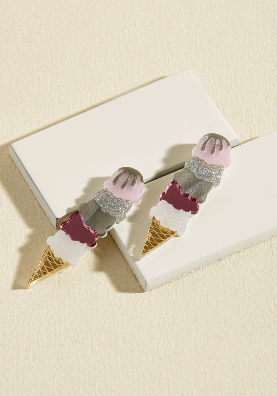  - You know a stylista's on the same page as you when she screams over your statement ice cream earrings! This USA-made pair by Vinca gives off sweet-as-can-be vibes with its five vanilla-and-strawberry acrylic scoops - secured to surgical steel studs. Yum! 