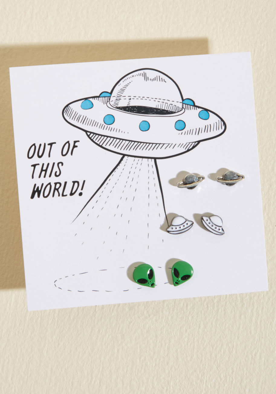  - You might not rock alien earrings just anywhere, but on Earth is as good a planet as any! This mix-and-match set of posts consists of silver Saturns, white-painted space crafts, and green noggins that come