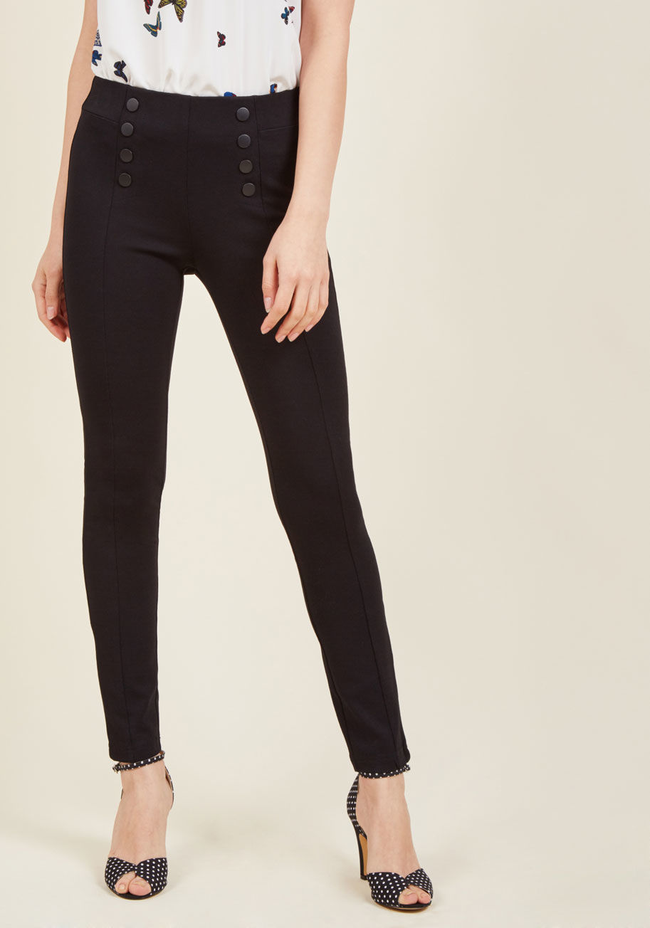  - Your flexible schedule and ever-changing project rotation call for a look that can keep up - and these black ponte pants are up to the task! Equipped with decorative, double-breasted buttons atop a high waist, sleek front seams, and ultra-comfortable fabr