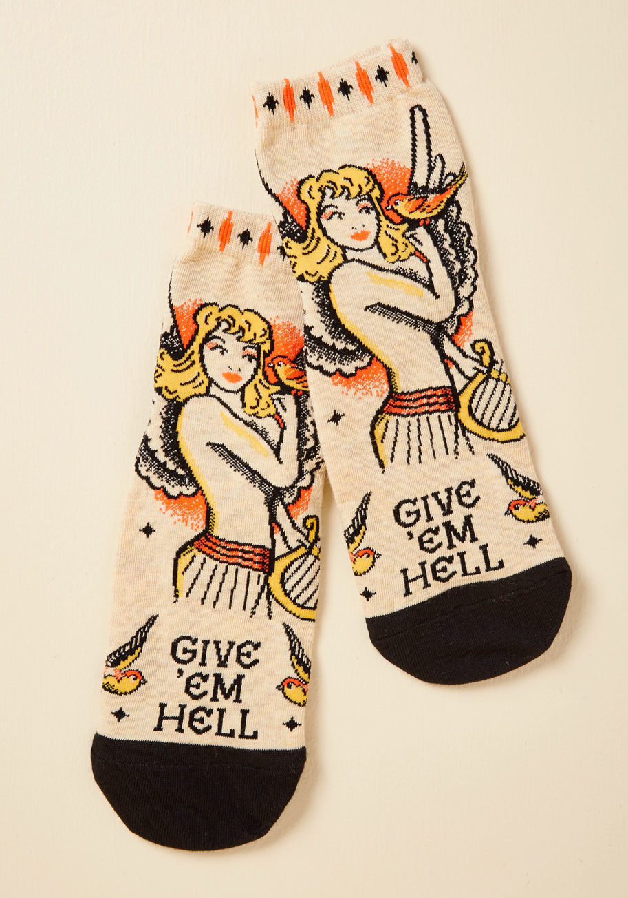  - Your formula for taking on the day, full steam? Pumping a motivational playlist, reciting your zestiest mantras, and slipping these ivory socks over your feet! Powerful vibes flow from this pair's angel print