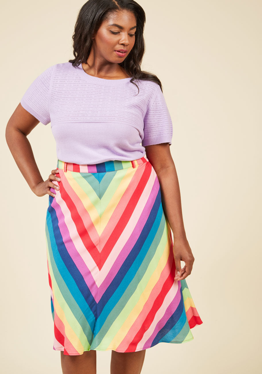  - Your love of bold colors and classic silhouettes are no secret - especially when proudly displayed by this striped skirt from our ModCloth namesake label! A chevron rainbow and side pockets lend brilliance to the soft, draped fabric of this A-line stunner