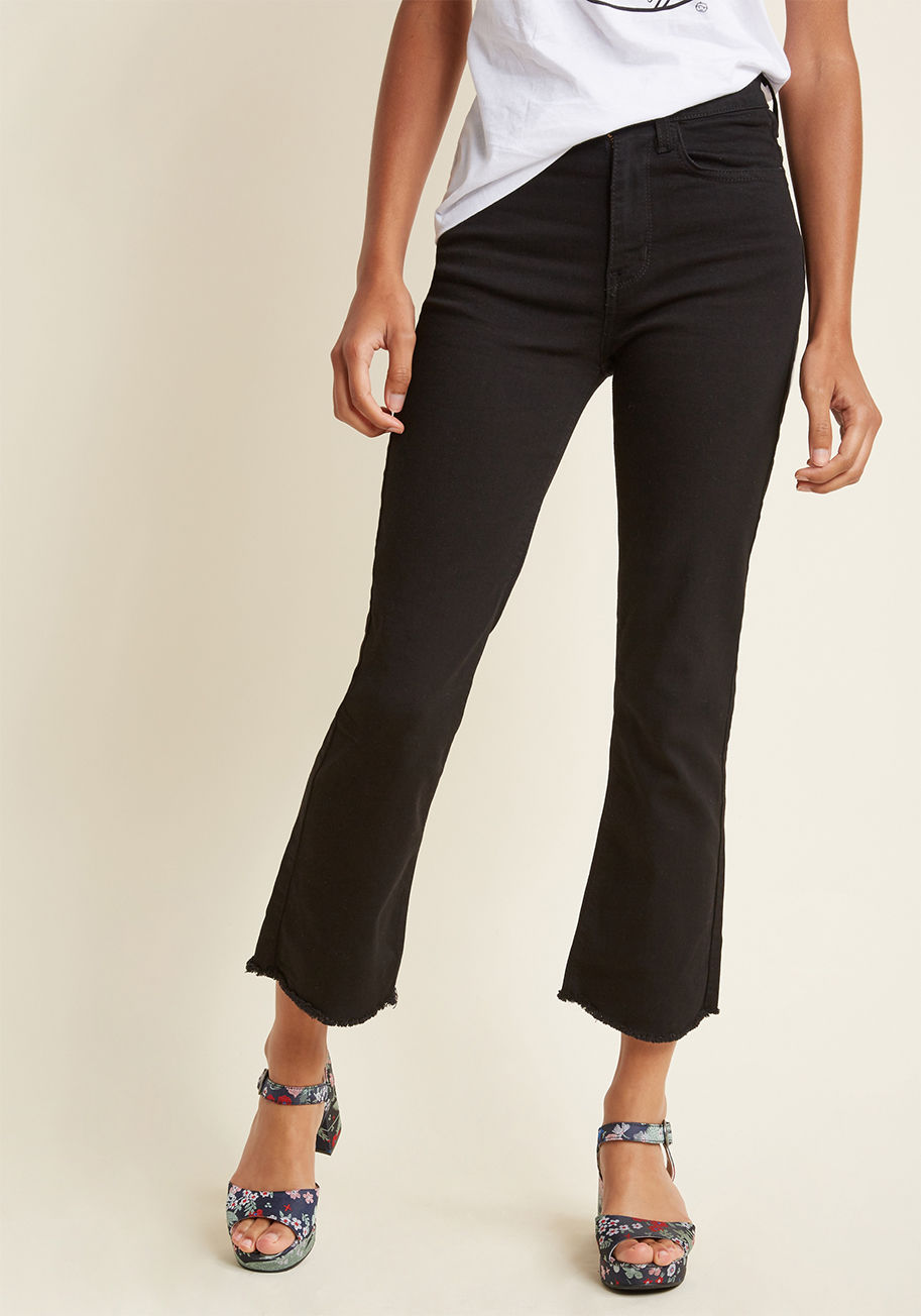  - You're here and you're haute! These high-waisted black jeans may be a staple, but they're totally above ordinary - their five-pocket cut is edited to feature cropped, raw hems with a hint of flare. Plus, they boast the perfect amount of stretch for all-da