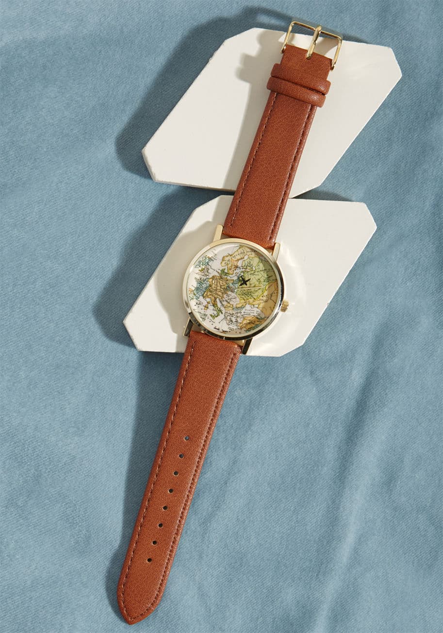 10086 - This quirky watch is for more than keeping you punctual - it's map-printed face of Europe also serves as inspiration for your upcoming destinations! Supported by a brown faux-leather band and made even more enchanting with a black plane serving as the sec