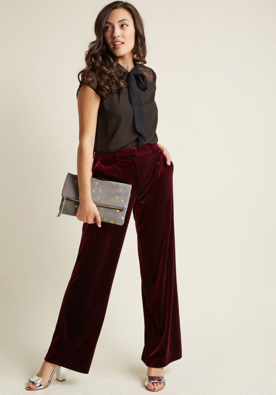 10186385 - Straight-leg trousers are always a solid option, but when they're crafted from luxe velvet fabric? Then they're simply divine! These bold burgundy bottoms - equipped with belt loops, pockets, and a touch of stretch - are an elevated staple you'll be proud