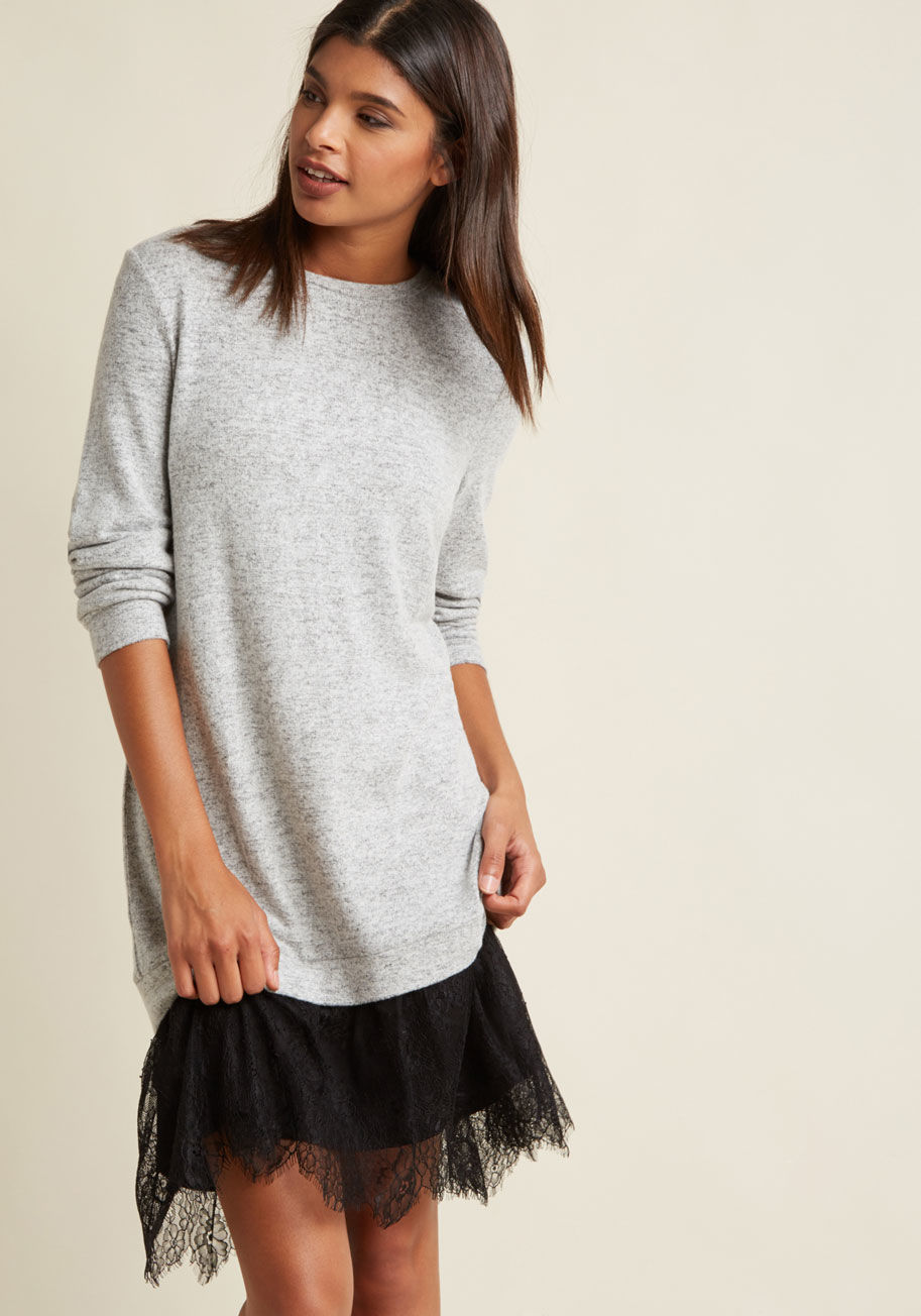 10187582 - The way your styling eye interacts with this grey sweater dress is pure chemistry! Able to be worn either as a mini dress or tunic, this heathered piece offers its long sleeves, ultra-soft knit fabric and black, lace-paneled hemline to your casual outings