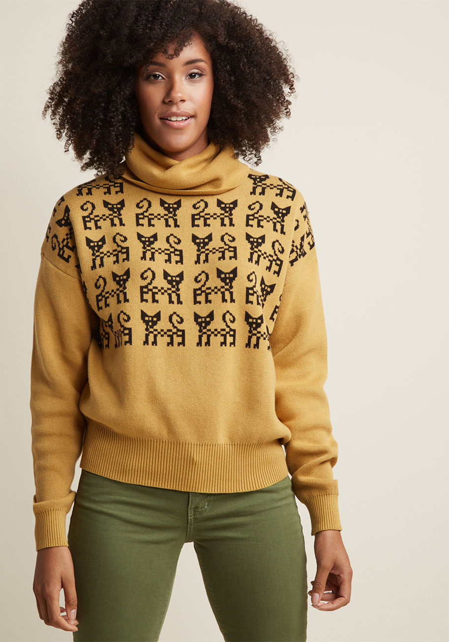 108653 - Promise to maneuver this cotton turtleneck by Pepaloves into your ensemble as often as you possibly can? With a delightful dijon color, a checkered black cat intarsia, and a vintage-inspired vibe, this sweater's posh prowess is pretty much irresistible.