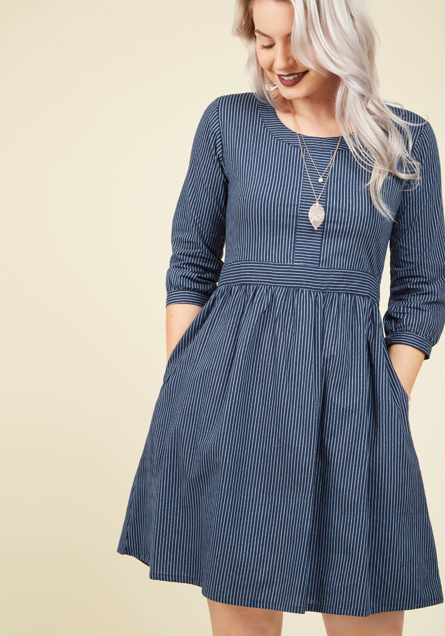 1211-1071 - As you chat with new colleagues over croissants, they learn all about your profesh style by admiring your blue dress from Mata Traders! Made intriguing with slate stripes, cropped sleeves, and side pockets, this cotton frock is a flavorful piece that insp