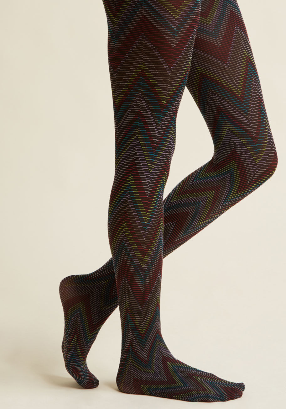 1638 - If unconventional hosiery gets you giddy, then these chevron tights are going to make your heart explode! An energetic assortment of aqua, lime, lilac, crimson, taupe, and dusty rose hues electrify the black base of this gorgeous hosiery, lighting up any 