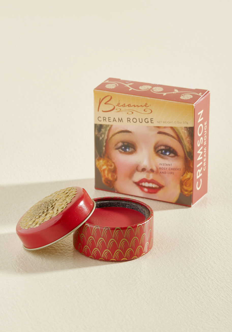 1938 crimson cream rouge - One way to ensure the smashing success of your '30s-ish ensemble is to authentically decorate your visage with this vintage-inspired cheek and lip rouge by Besame Cosmetics! This maquillage - cherry-scented and red