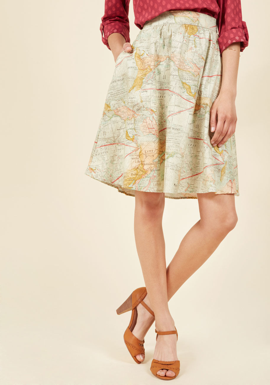 2060 - World Map - &lsquo;Joy&rsquo; meets world when you don with cotton midi skirt, and when you&rsquo;re feeling this fab, your goodwill is bound to travel far! A muted map print wraps around this Retrolicious A-line