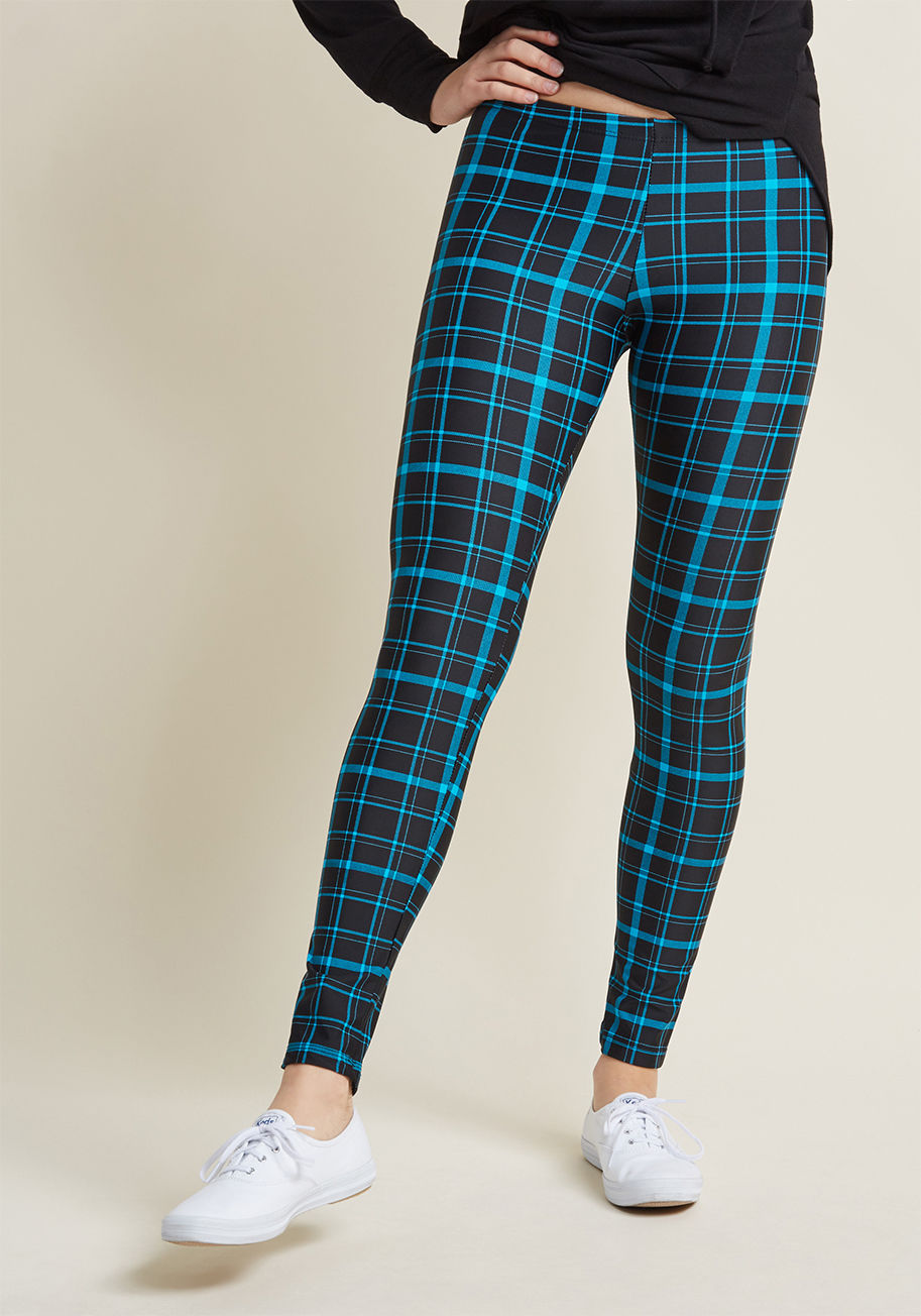 3575 - For the concertgoer who travels far and wide to catch every last epic set, these stretchy leggings should be the first pair packed. Rad with every band tee, any tunic, and all sorts of frocks, the black-and-blue plaid pattern of this pair is just as spot-