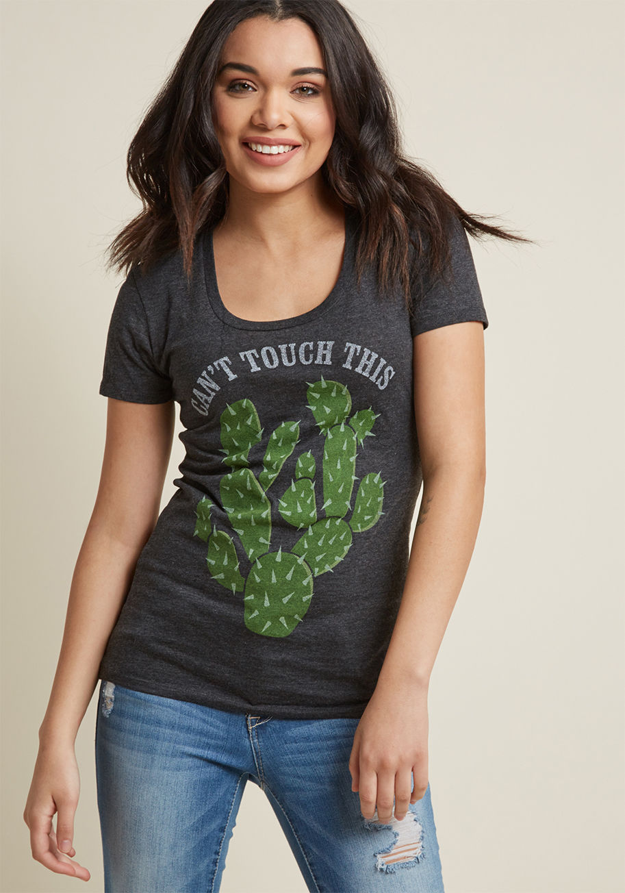 4009W - If you like quirky tops, then you'll definitely get a 'prickle' out of this heather grey graphic tee. Featuring a scoop neck and green screen print of a cactus with a hands-off quip, this cotton-blend T-shirt gives succulent fanatics and silly stylistas '