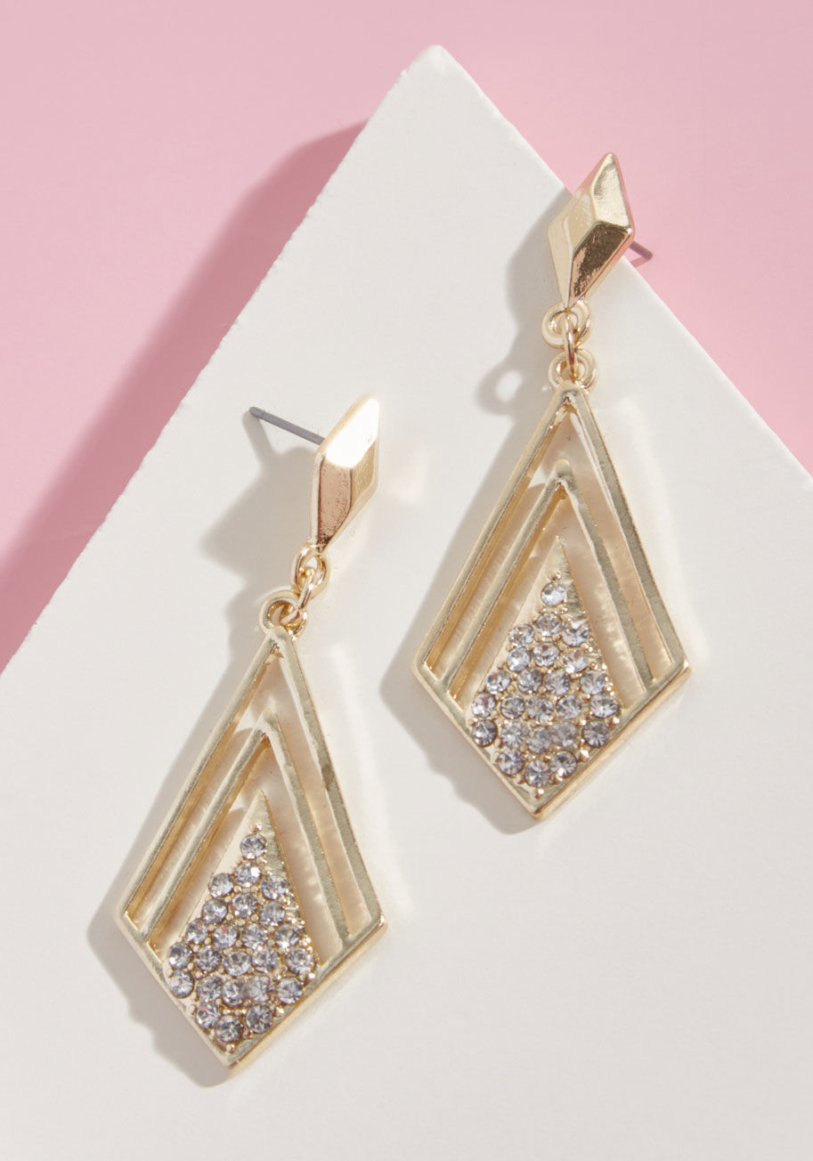 420153E-001 - These golden earrings are the pair to rule them all! Secured to your lobes by diamond-shaped posts and displaying dangling geometric shapes encrusted with sparkling rhinestones, these deco-inspired earrings are hands-down glam.