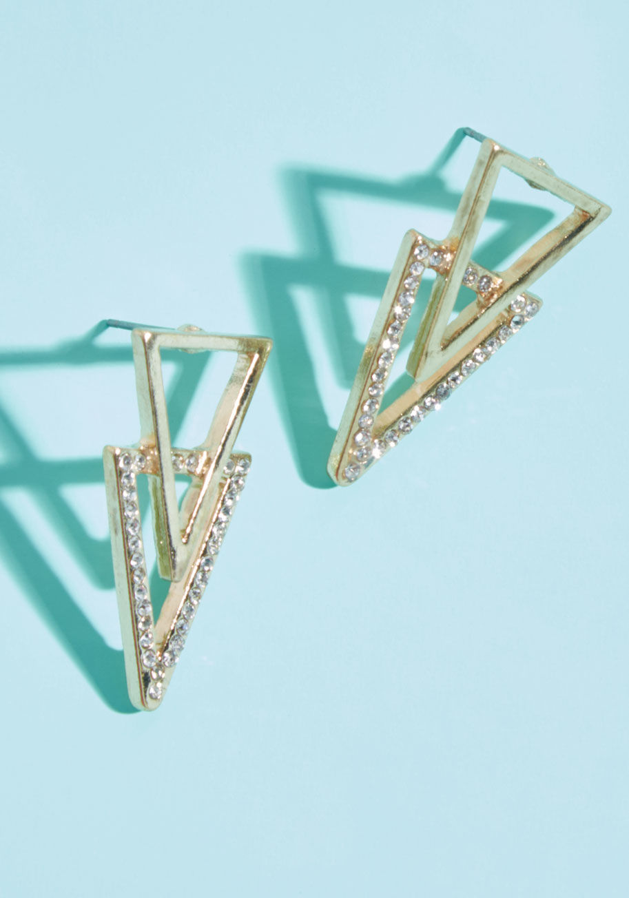 444030ER-001 - A bit edgy, a little angular, and absolutely alluring - these triangle earrings hit all the marks! A collection of tiny rhinestones adds a sprinkle of shine to this gorgeous gold pair, making it all the more easy for you to light up any locale.