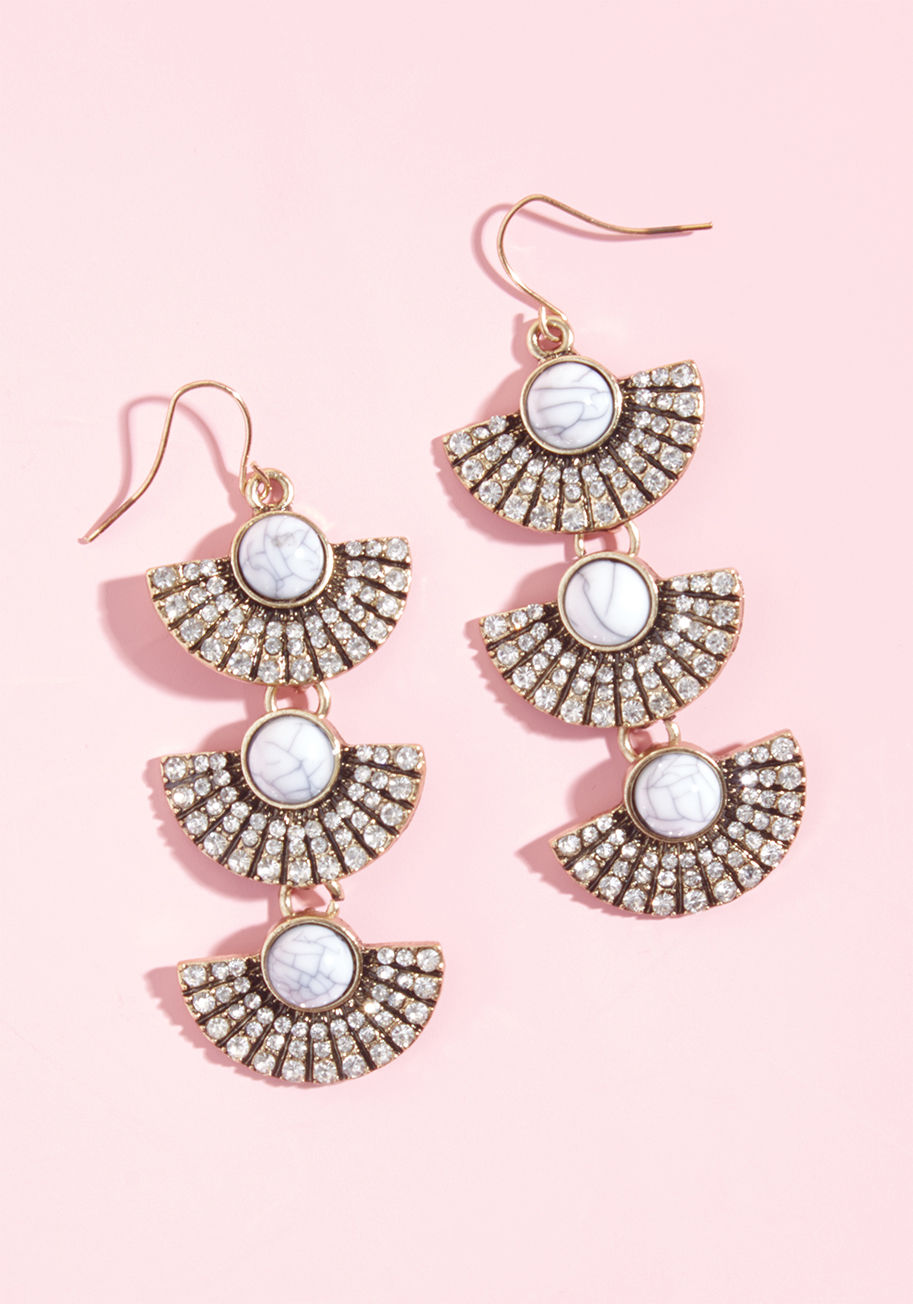 444136ER-001 - When you need to add a dash of Deco delight to your best looks, turn to these tiered earrings. This metal pair, detailed with petite rhinestones and faux-howlite centers on their delicate fan shapes, provides the ceremonial flourish that your ensembles se