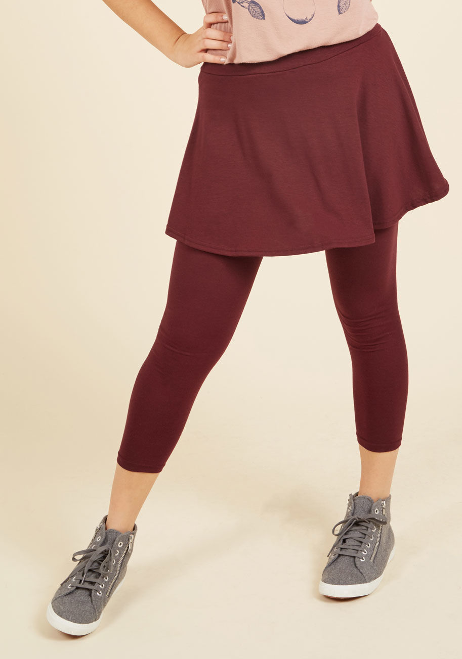 45001 - If you&rsquo;re torn between grabbing a coffee or brewing your own cup, these maroon, Modcloth-exclusive leggings keep your options open while maintaining your utmost comfort! Flowing from its fitted waistband is a swingy skirt that looks and feels fun wh