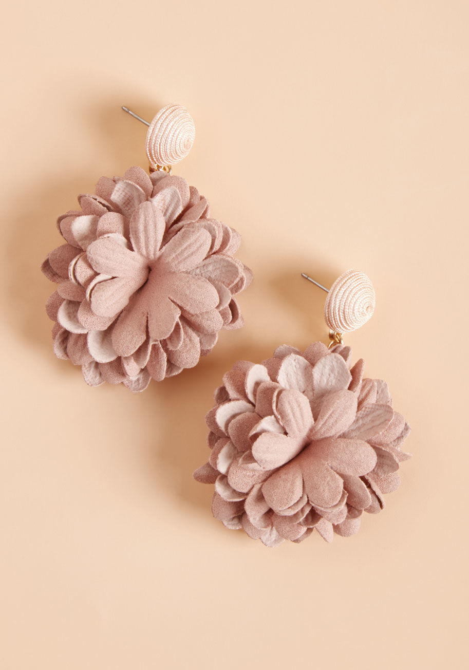 456741ER-001 - Rooting through your garden of accessories, you encounter these lovely mauve earrings and recall what a pleasure it is to have their pretty petals dangling from your lobes. Floral finery is your specialty, so naturally this lightweight pair becomes your s