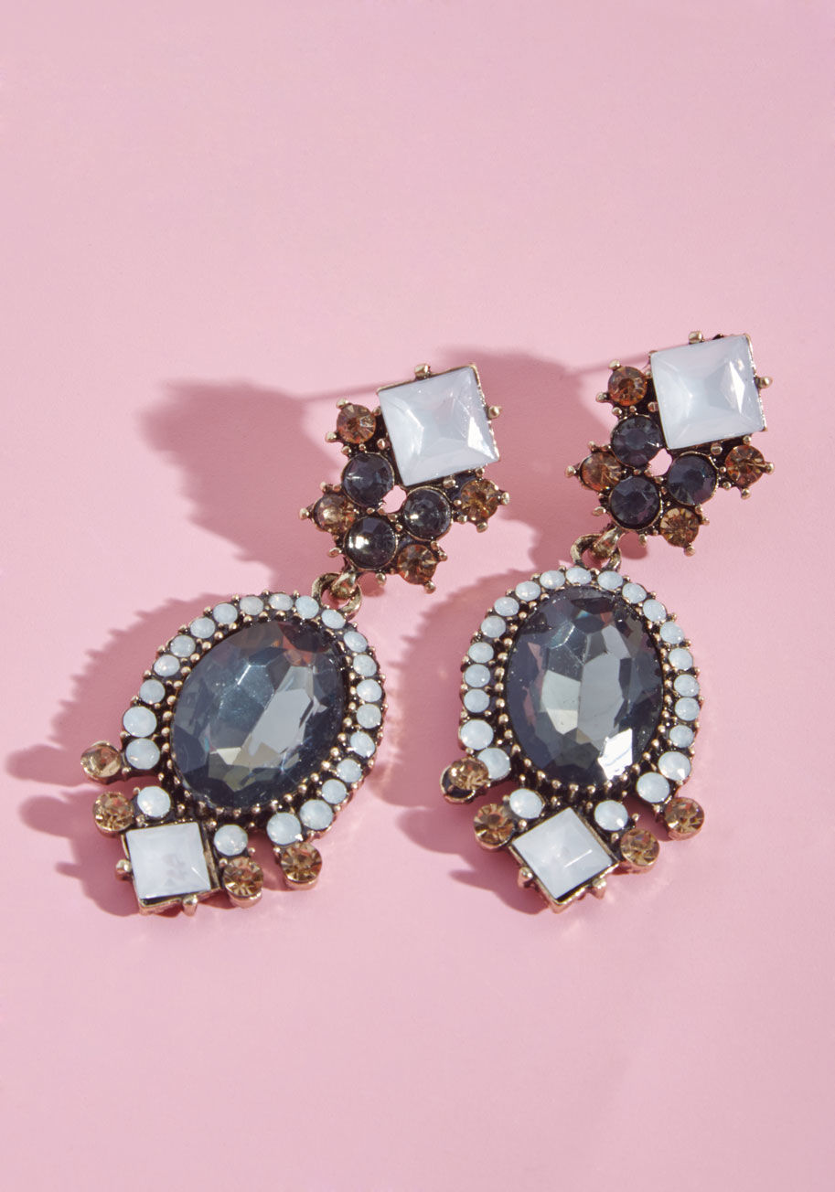 458452ER-001 - What's that mood you feel creeping in, commanding that you don these faux-gemstone earrings? It's an impulse to dress extravagantly, and this pair's smoky facets, white accent jewels, 'n' amber additions are exactly the pair that'll fulfill your fantasy!