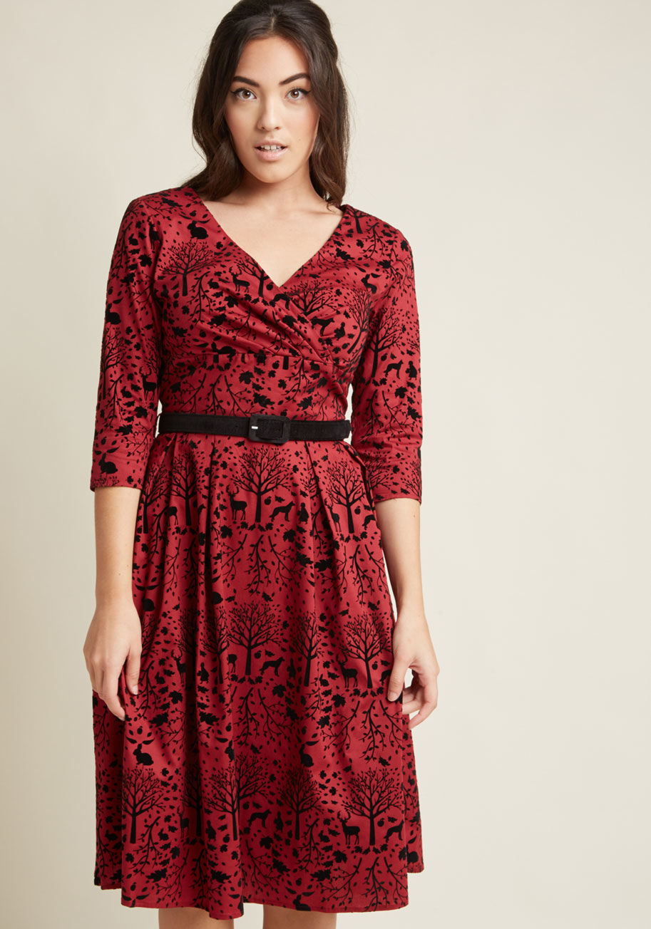 4724 - When imagery from your favorite tale intersect with the classic look of an A-line midi dress, it's a beautiful thing! This Hell Bunny offering is a fine example of such, as its black flocking of a Red Riding Hood landscape, ruched surplice neckline, 3/4-l