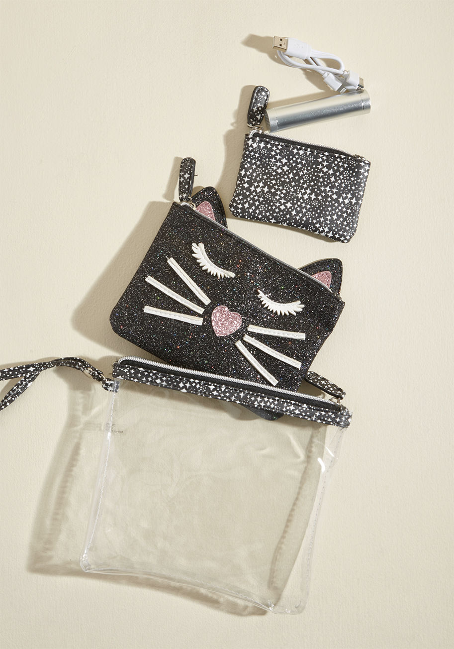 8007020 - With an accessory as sweet as this black charger set, there's no way you'll be able to keep it on the hush-hush! Replete with a glittery kitty charger pouch, a smaller star-spangled zipper pouch, and a silver phone charger 'n' cables compatible with sever