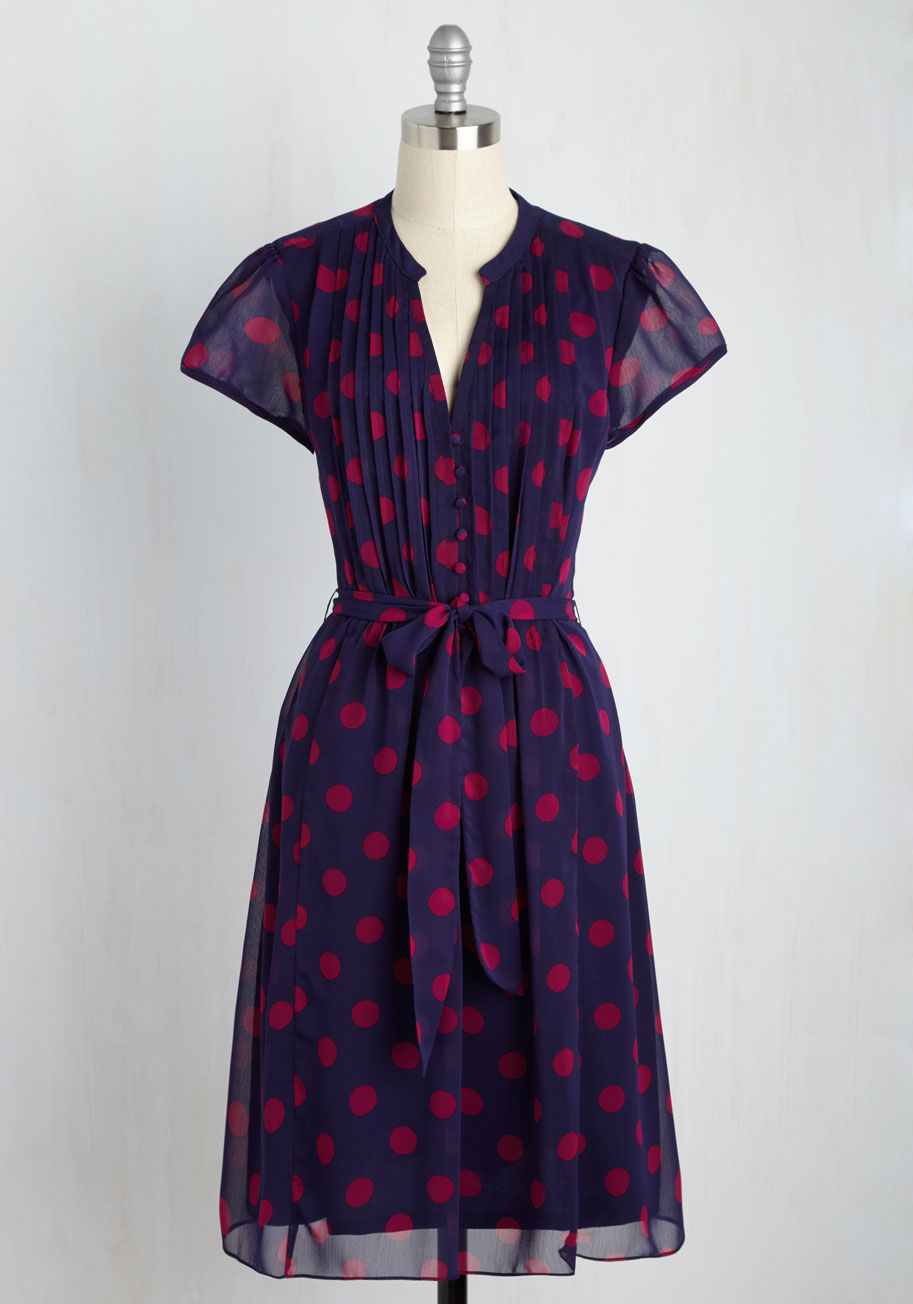 936130-J - Students who stop by your office will learn a thing or two about style - thanks to this navy dress - while they clarify their classwork! This chiffon frock teaches sweet sophistication through magenta dots, buttoned short sleeves, a pintucked bodice, and 