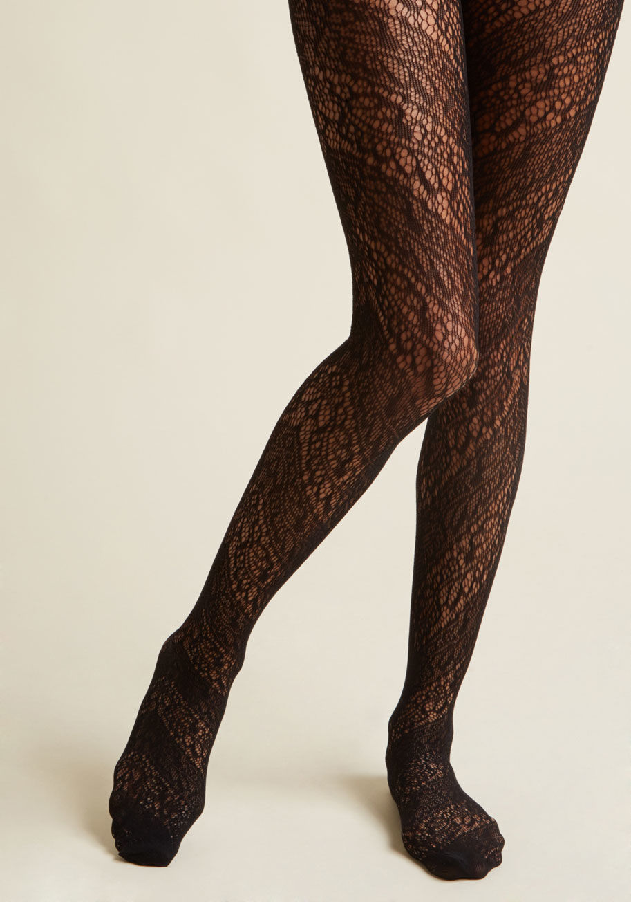 9965 - At the corner of chic and sassy is where you'll find these black tights! A blend of chevron shading and an ornate lace motif, this sheer hosiery makes a subtle-yet-substantial statement beneath your skirts, dresses, and cropped slacks. Gorgeous!