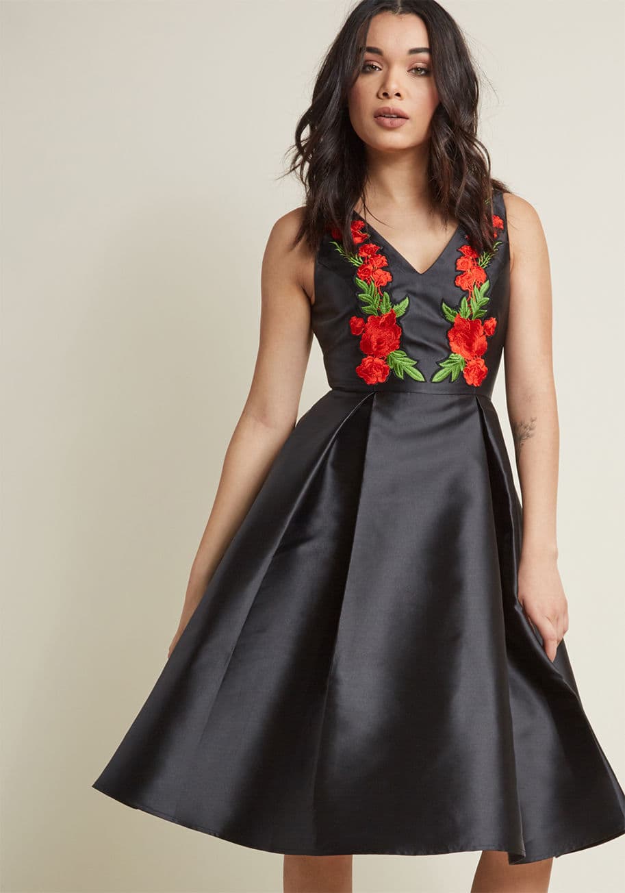 Afa1017 - Conclude your meticulous search for the perfect formal frock by discovering this black midi dress - a ModCloth exclusive! Satisfying your elegant eye with a garland of embroidered red flowers from the straps to the waistline pleats, this pocketed fit and 