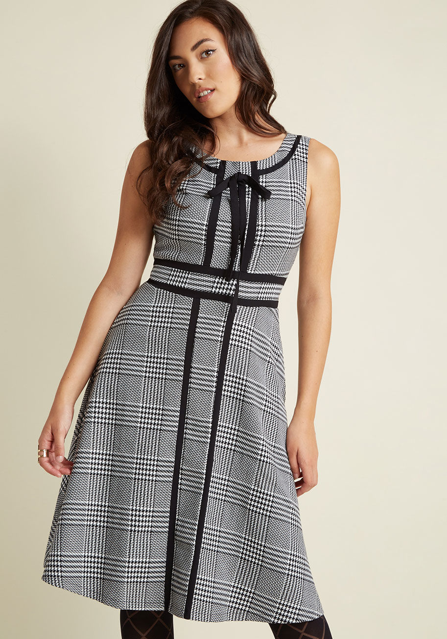 Afa3484 - You'll see Exhibit A is a specimen showcasing a black-and-white houndstooth plaid pattern - the perfect display of vintage-inspired style! Exclusive to ModCloth and exuding prim panache from its tweed-like material, this pocketed frock is perfected with d