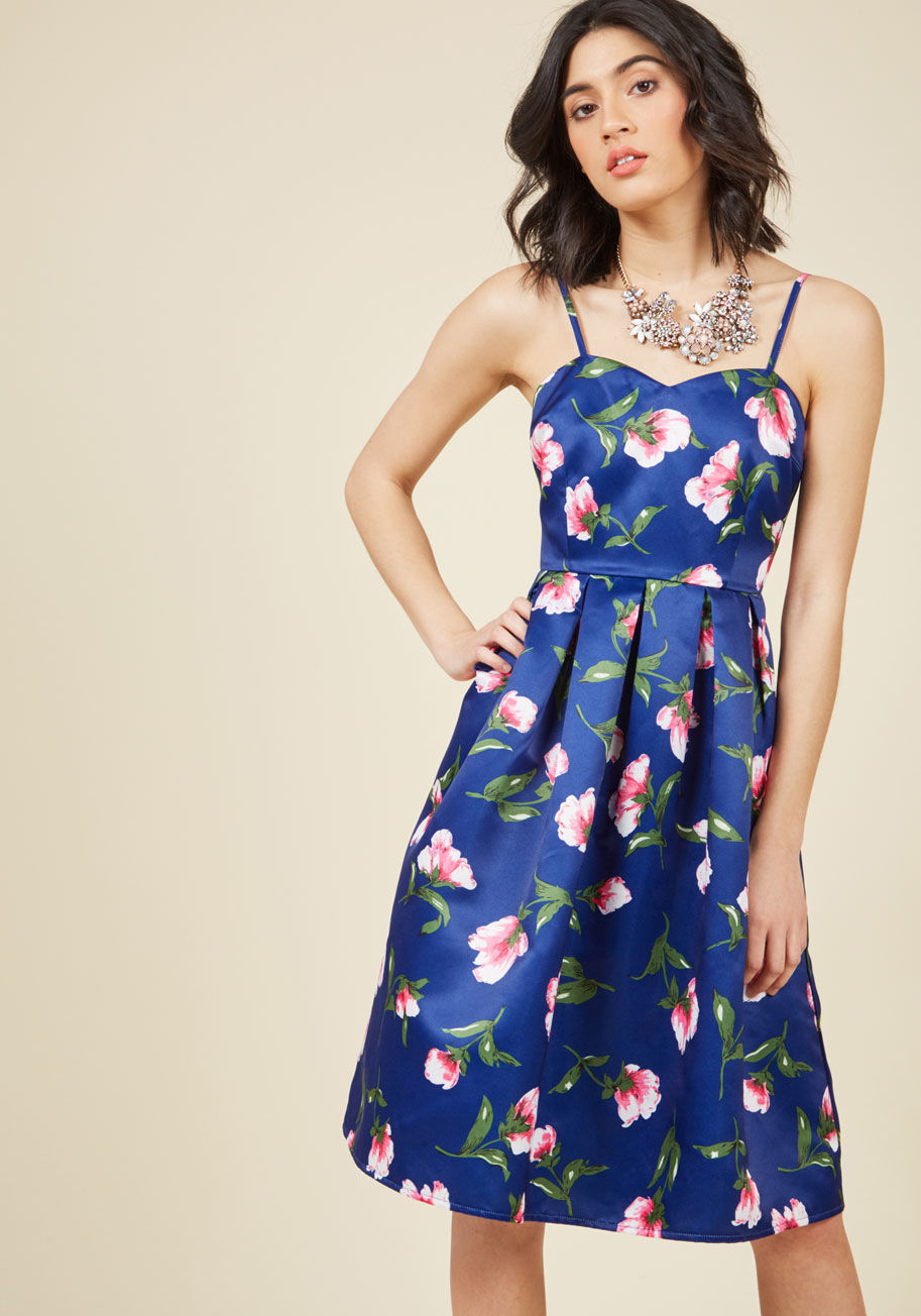 AFA3513 - When others are searching for the essence of elegance, they look no further than you flaunting this navy blue fit and flare dress! In a design exclusive to ModCloth, this satiny stunner embodies pure opulence with its sweetheart neckline, crisp pleats, an