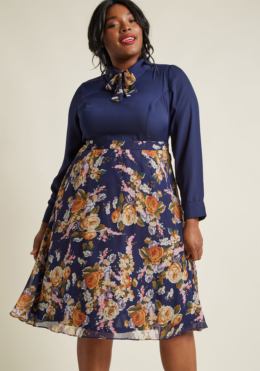 AFA3557 - You only have eyes for vintage-inspired styles, which is why you're fixed on this twofer shirt dress - a ModCloth exclusive. A gloriously colorful floral pattern appears under the rounded collar and along the flowy skirt of this navy blue frock, pairing w