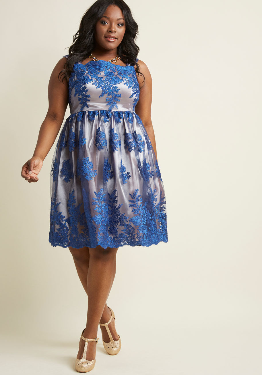 Afa3610 - The event of the year calls for nothing less than your very best look, so naturally, you turn to this fit and flare dress! The tulle-textured straps, scalloped neckline, cobalt floral lace, and champagne-hued satin lining form this ModCloth-exclusive beau