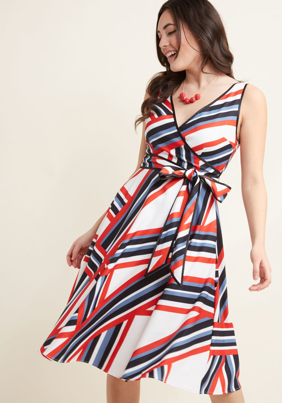 Afa3653 - Your colleagues know they can rely on you for the best tips, including incredible outfits for the office! This sleeveless dress - a ModCloth exclusive - comes with a wrap-style bodice, blue, white, red, and black stripes, a matching sash, essential hidden