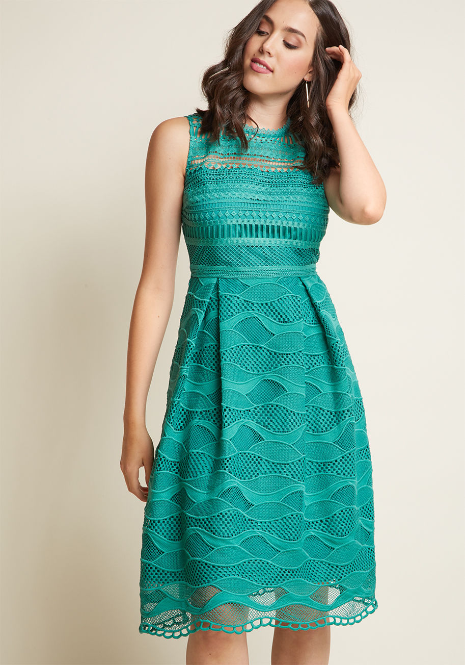 AFA7151 - In a world of endless cocktail dresses, what makes this aqua midi rise above the rest? For starters, its design is entirely exclusive to ModCloth - from the illusion neckline and matching hem to geometric and abstract motifs crafted