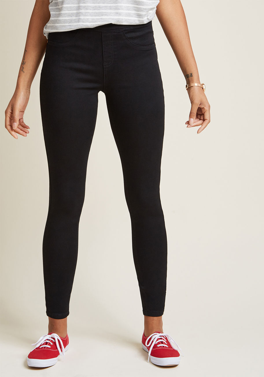 AFA7777 - Dress 'em up, style 'em casual - these black jeggings are your sartorial canvas! Encouraging you to explore wardrobe pairings galore with their comfortable-yet-structured knit fabric, functional back pockets, and pull-on silhouette, these ModCloth-exclusi