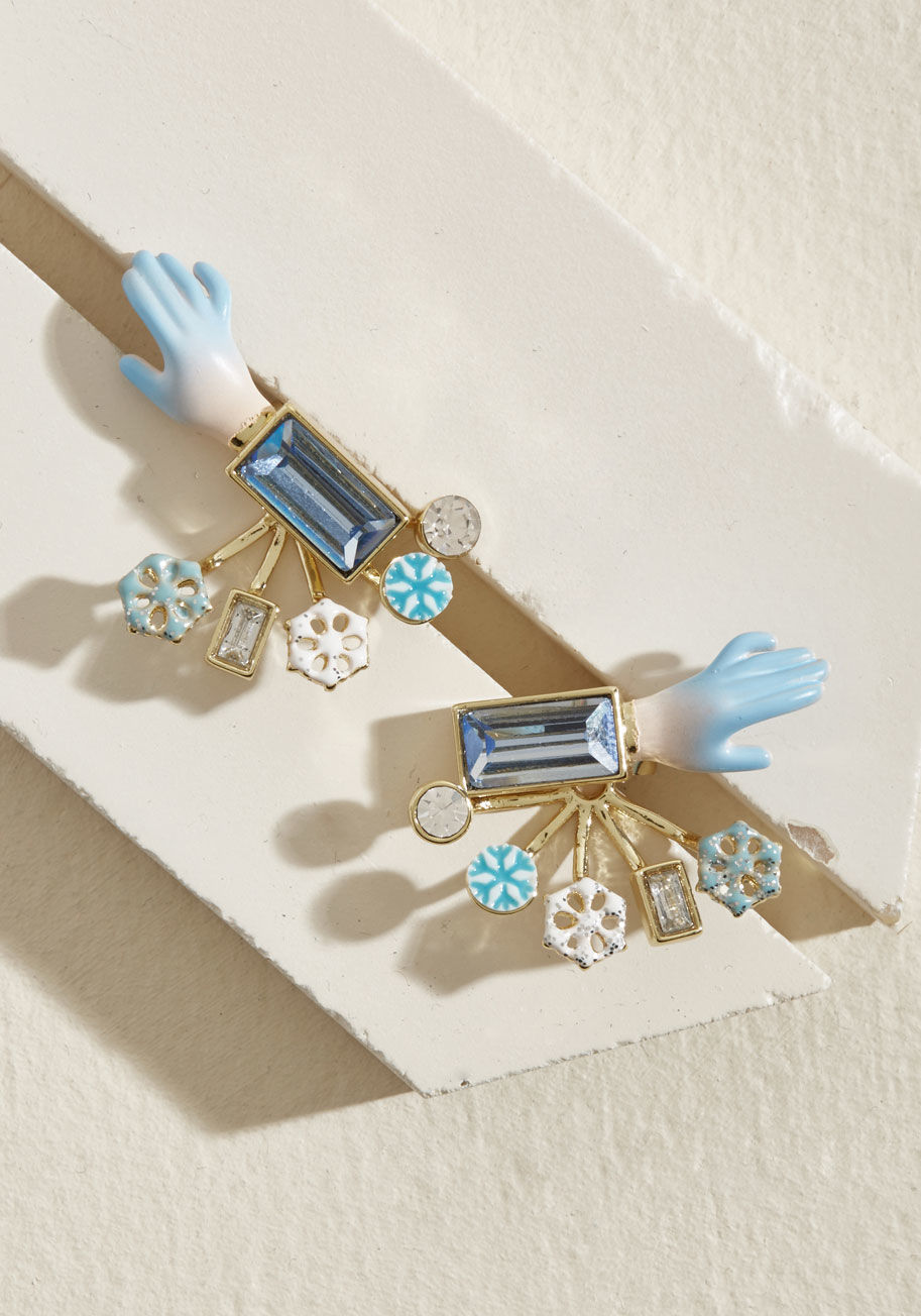 AGRN113T - There's no way to mask the quirk carried by these unique stud earrings from Les Neridies! And, why would you want to? The golden posts of this pair display ice blue hands wearing faux-gemstone sleeve cuffs, welcoming a dangly add-on displaying enamel snow