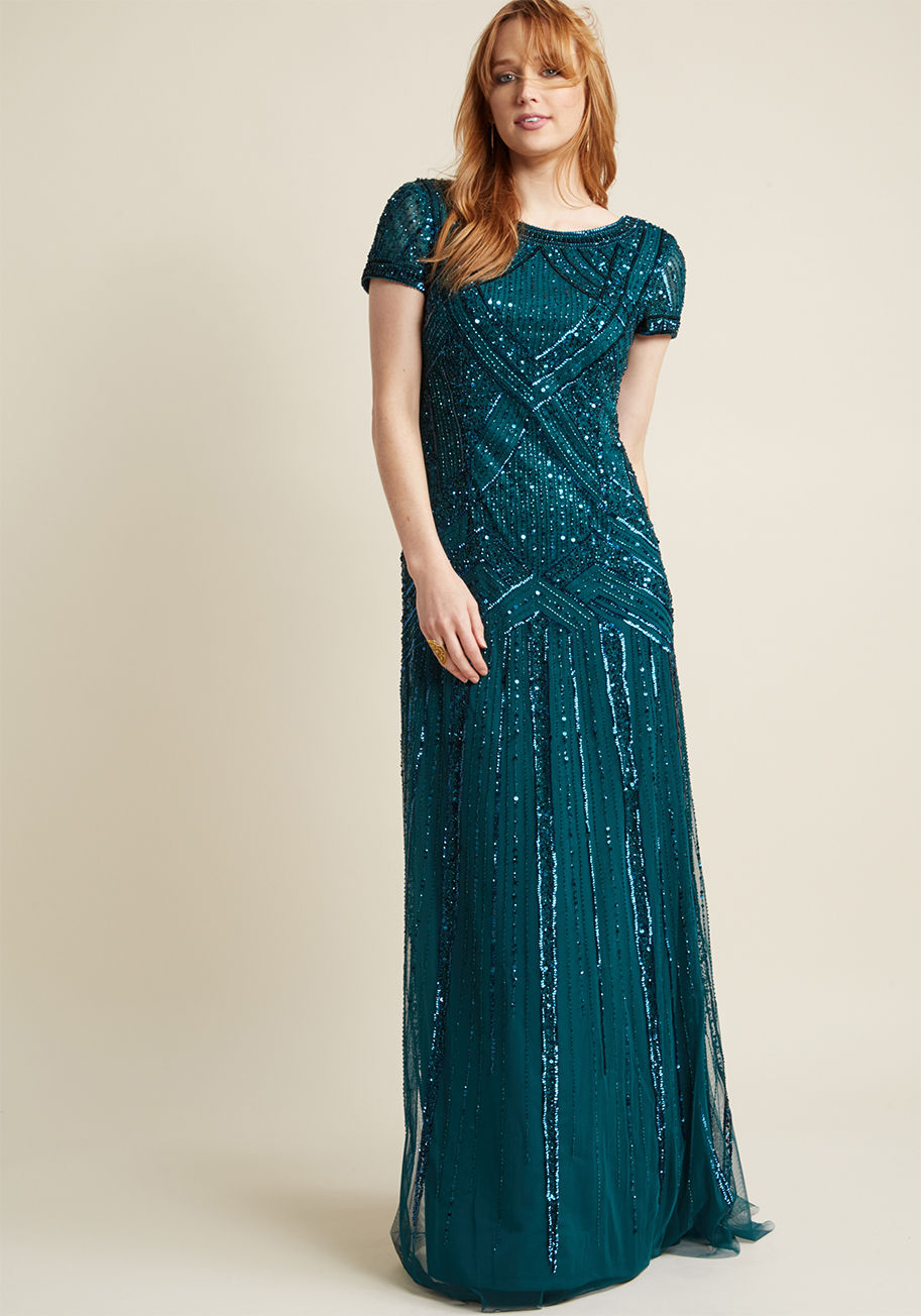 AP1E200563 - Turns out the gown you had imagined for your upcoming formal event is real and it's this radiant teal maxi dress by Adrianna Papell! Designed with a graceful scoop back, sweet cap sleeves, and '20s-inspired sequining delicately dazzling its entire silhoue