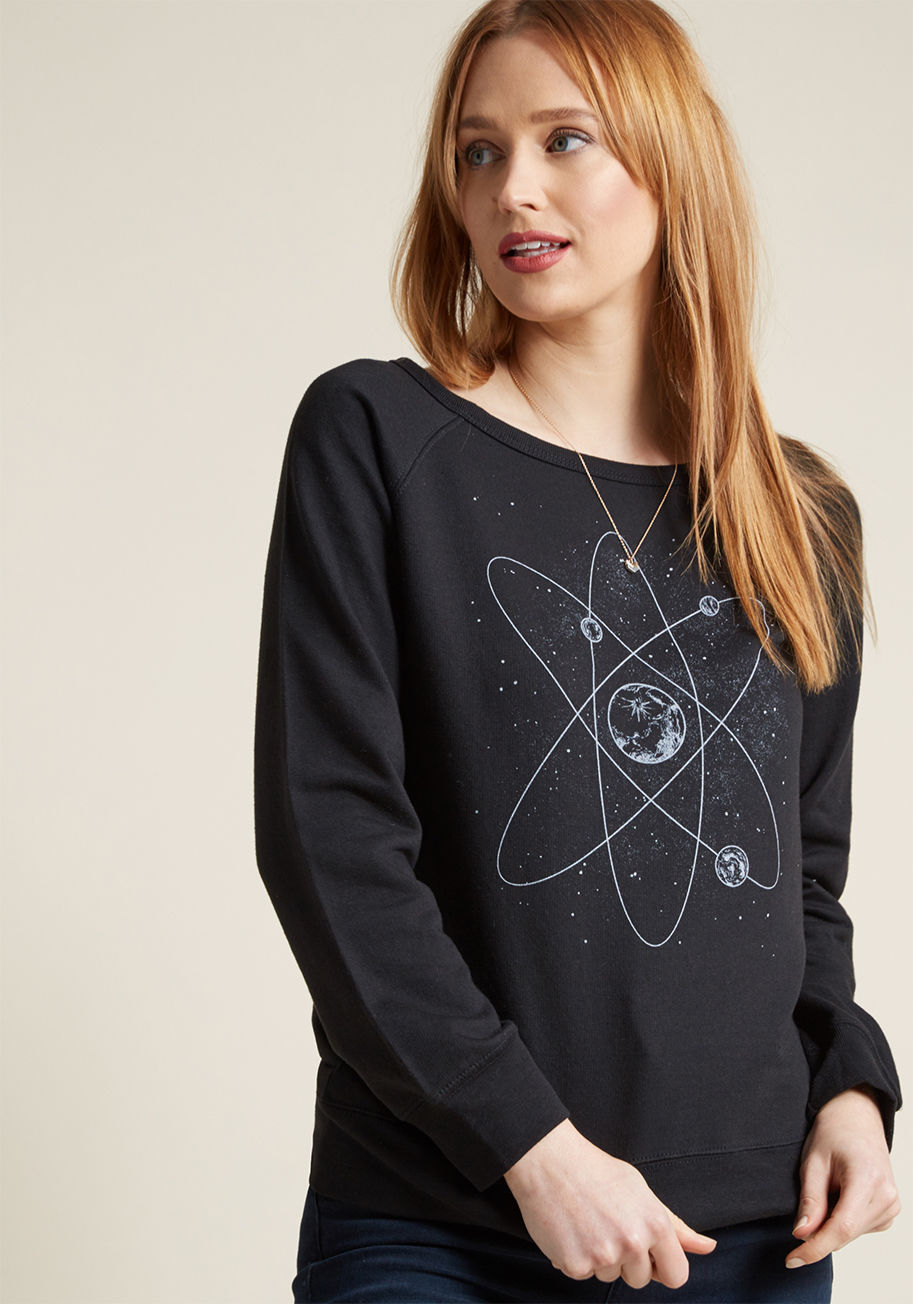 Atom - Consider this an invitation to make this black sweatshirt all your own! Infused with a geek-chic vibe by way of its atom structure updated with planets and stars, this lightweight pullover is one we hypothesize will make quite a bang with fellow scientifi