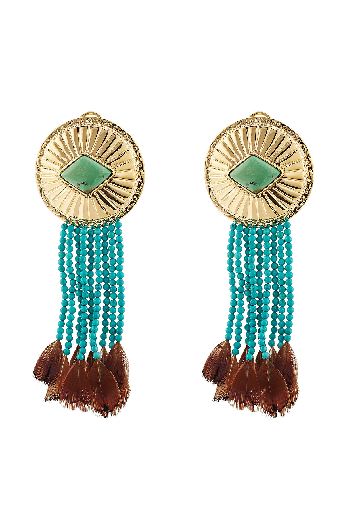 Aurélie Bidermann - Earrings with Turquoise and Pheasant Feathers