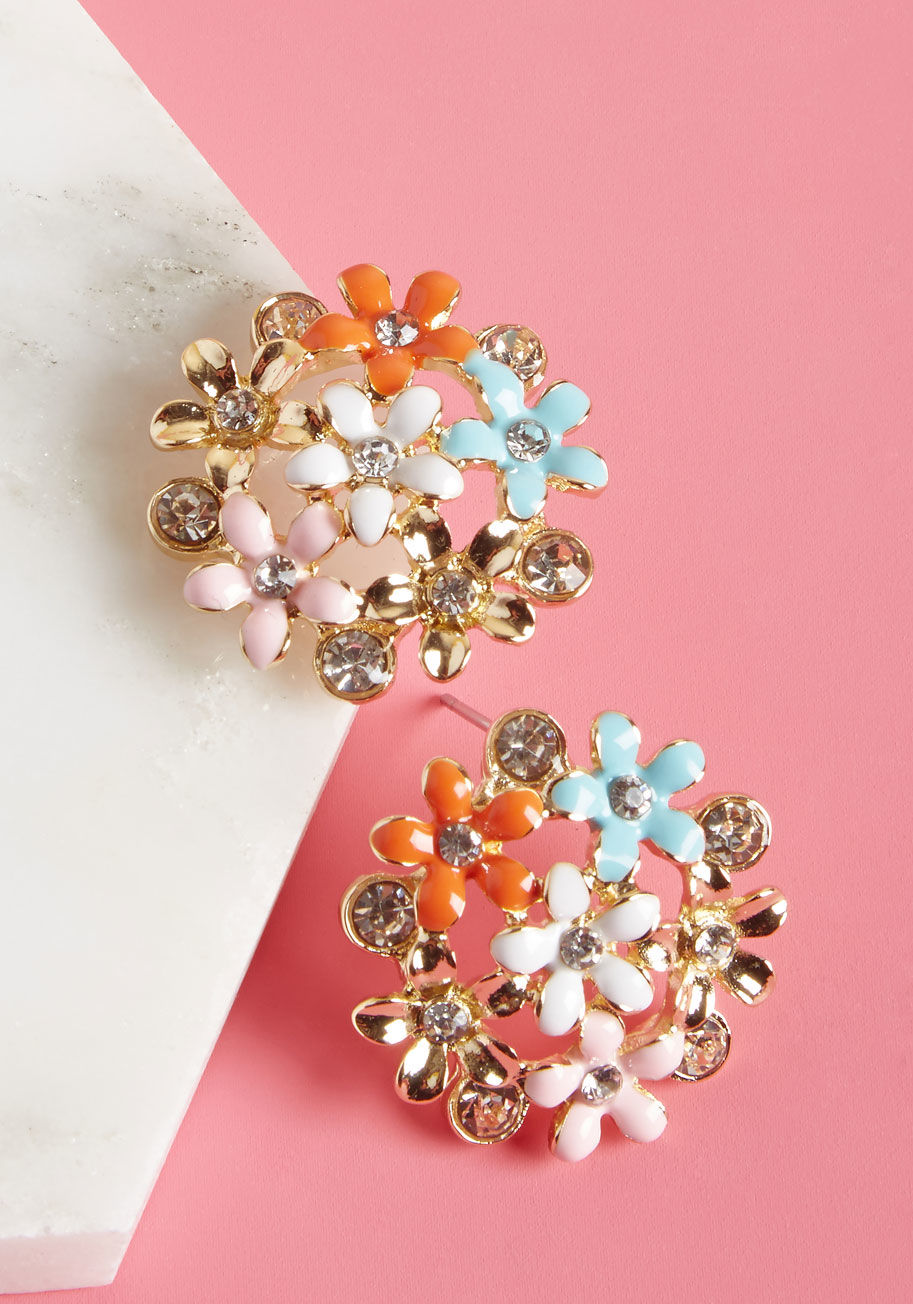 B0566-ER-MUL - To create a look that's rich with character, start things off with these floral earrings! The colorful petals and shining rhinestones of this fun, feminine pair make it a blast to craft an outfit around such a sweet motif. When it comes to a wealth of fla